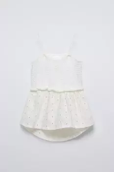 Контрастная футболка крючком ZARA, экрю