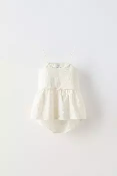 Контрастная футболка крючком ZARA, экрю