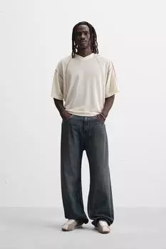 Контрастная футболка с открытой тканью ZARA, экрю