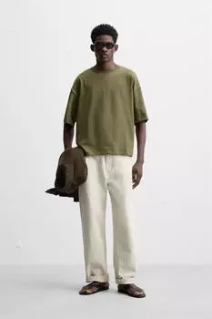 Контрастная футболка ZARA, цвет Dark khaki