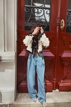 Контрастная куртка с бахромой ZARA, экрю/черный