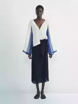 Контрастная рубашка из смешанного льна вафельного трикотажа Massimo Dutti, белый