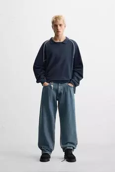 Контрастная рубашка-поло из пике ZARA, цвет Blue/Grey