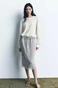 Контрастная юбка с пайетками ZARA, белый