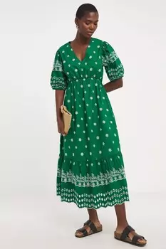 Контрастное чайное платье с вышивкой и льном Jd Williams, зеленый