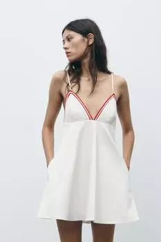 Контрастное мини-платье в рубчик ZARA, белый