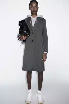 Контрастное пальто с капюшоном ZARA, серый