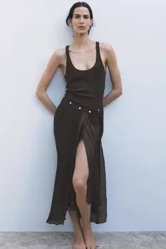 Контрастное платье с запахом ZARA, коричневый