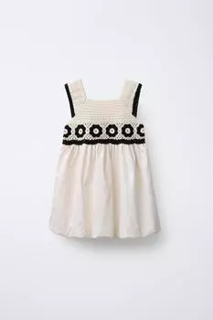 Контрастное вязаное платье крючком ZARA, цвет Ecru/Black