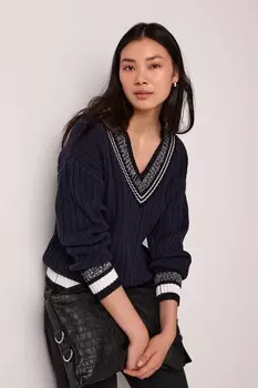 Контрастный джемпер с V образным вырезом, ребристый трикотажный джемпер Next, синий