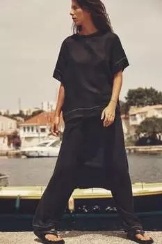 Контрастный льняной топ ZARA, черный