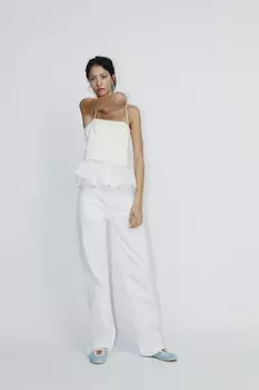 Контрастный поплин-топ ZARA, белый