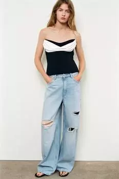 Контрастный топ без бретелек ZARA, черный