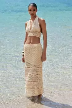Контрастный топ с бисером, связанный крючком ZARA, экрю