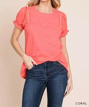Контрастный топ с рукавами-фонариками в коралловом цвете Cotton Bleu