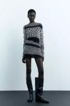 Контрастный вязаный свитер ZARA, серый