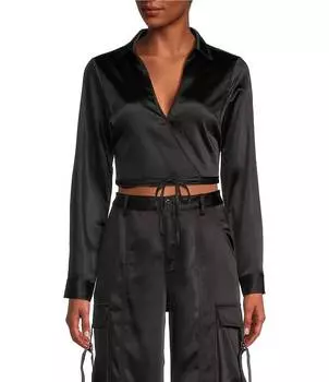 Координационный атласный топ GB с V-образным вырезом и запахом, длинными рукавами, черный