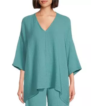 Координационный топ Bryn Walker Bax из хлопковой марли с v-образным вырезом и рукавами до локтя с заниженной линией плеч и подолом в виде укуса акулы, синий