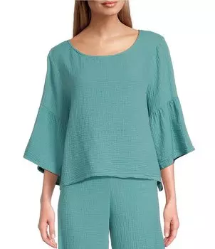 Координационный топ из хлопковой марли Bryn Walker Frida с вырезом «лодочка» и рукавами-колокольчиками 3/4, синий