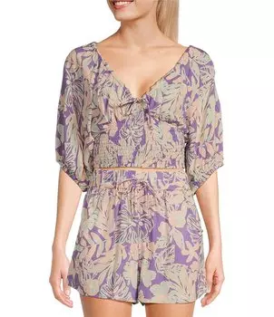 Координационный укороченный топ с короткими рукавами и присборенными краями с тропическим цветочным принтом Rip Curl Palm Party, фиолетовый