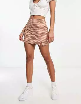 Координатная мини-юбка с завышенной талией в персиковую клетку Pieces