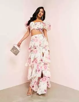 Коордная юбка макси со сборками и запахом ASOS LUXE с цветочным принтом
