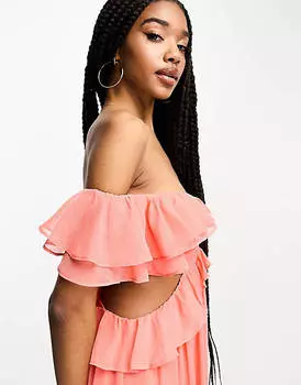 Коралловое платье макси с открытыми плечами и высоким низким подолом ASOS DESIGN Tall