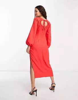 Коралловое платье миди с длинными рукавами и вырезом на талии ASOS DESIGN Petite