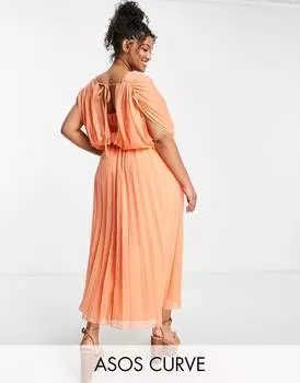 Коралловое платье миди со складками и запахом ASOS DESIGN Curve