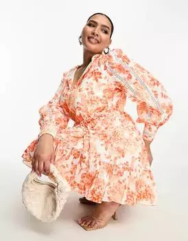 Коралловое платье мини-рубашка с завязками на талии Forever New Curve