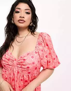 Коралловое свободное платье макси с принтом ромашки и грудью The Frolic Plus