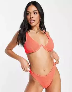 Коралловые плавки бикини с жатыми высокими штанинами ASOS