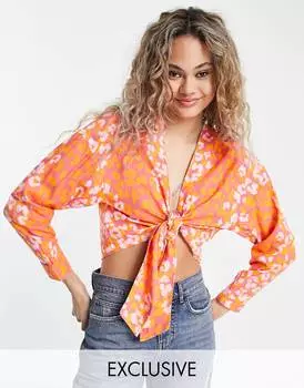 Коралловый топ с анималистичным принтом и завязками спереди ASOS MADE IN KENYA