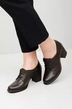 КОРИЧНЕВЫЕ женские туфли из натуральной кожи с круглым носком, на среднем каблуке, на резиновой подошве, со шнуровкой 24135 GNDER(R)