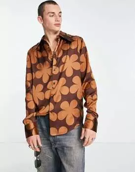 Коричневая атласная рубашка с крупным цветочным принтом в стиле 70-х ASOS DESIGN