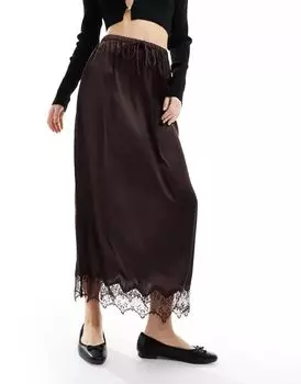 Коричневая атласная юбка миди с кружевной отделкой River Island
