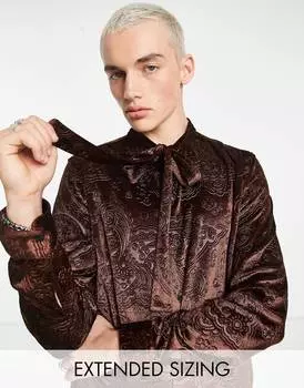 Коричневая бархатная рубашка с тиснением пейсли и завязками на шее ASOS DESIGN