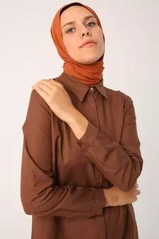 Коричневая базовая длинная рубашка со скрытой планкой ALL DAY