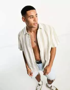 Коричневая базовая рубашка в полоску с короткими рукавами Pull&Bear