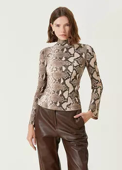 Коричневая блузка со змеиным узором и высоким воротником Stella McCartney