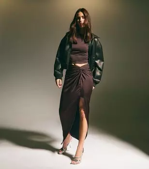 Коричневая длинная юбка с узлом на талии New Look, темно-коричневый