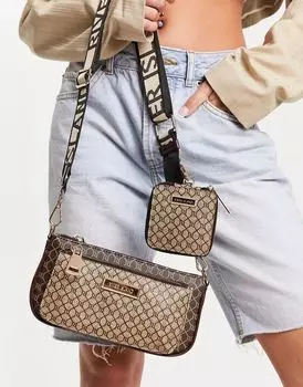 Коричневая двойная сумочка через плечо с монограммой River Island