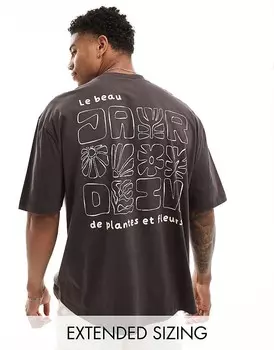 Коричневая футболка оверсайз с цветочным принтом и надписью на спине ASOS DESIGN