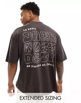 Коричневая футболка оверсайз с цветочным текстовым принтом на спине ASOS DESIGN