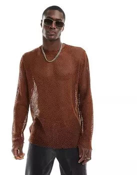 Коричневая футболка с длинными рукавами и открытой сеткой ASOS DESIGN