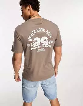 Коричневая футболка с принтом черепа на спине Jack & Jones Originals