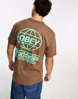 Коричневая футболка с принтом Obey Global