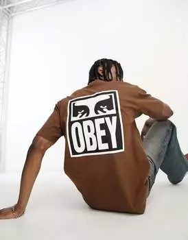 Коричневая футболка с принтом в виде глаз Obey на спине