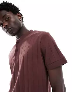 Коричневая футболка с воротником на пуговицах ASOS DESIGN