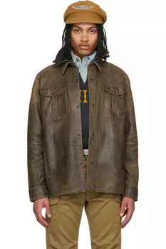 Коричневая кожаная рубашка с ручной потертостью RRL